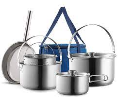Serving spoons, fork, turner and potato masher. Camping Cookware Set 304 Stainless Steel 8 Piece Pots Pans Open Fire Cooking Kit Frying Pan Steamer With Travel Tote Bag Compact For Outdoors Indoors Kitchen Family Campfire Hiking