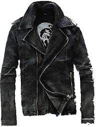 Black Mens Punk Moto Washed Denim Trendy Jean Jacket Coat At Amazon Men S Clothing Store Biker Denim Biker Denim Jeans Mens Outfits