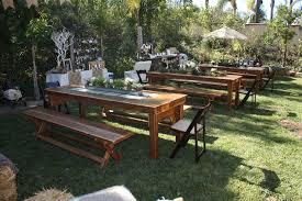 Rustic Parties In Orange County Rents Vintage And Rustic Style Farmhouse Tables Benches Chairs Bars Ba Rustic Party Farmhouse Table Garden Table And Chairs