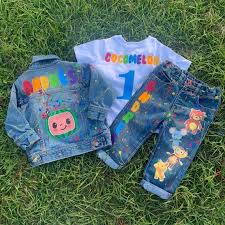 Baby Toddler Boy Girl Custom Cocomelon Jean Denim Romper Etsy In 2021 Baby Birthday Party Theme 2nd Birthday Party For Girl Baby Boy 1st Birthday Party