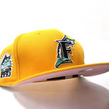 Floridamarlins 1993 Inaugural Season 59fifty Fitted Neweracap In Yellow Pinkbottoms Ecapcity In 2021 Fitted Hats New Era Hats