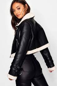 Petite Crop Borg Trim Flying Jacket Boohoo Flying Jacket Latest Coats Jackets