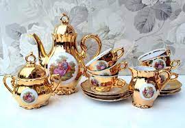Vintage Best Bondware Fine China Porcelain Foreign Gold Color Lusterware Courting Couple Fragonard Design Completed Demitasse Coffee Set Coffee Set Fine China China Porcelain