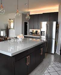 Modern Open Kitchen Dark Cabinets Copper Pendant Copper Handles Kitchen Inspo Distressed Kitchen Cabinets Modern Kitchen Cabinets Modern Kitchen Open