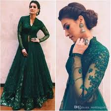 Green V Neck A Line Lace Evening Dresses Unique Design Long Sleeve Formal Evening Gowns Lace Green Formal Dresses Indian Gowns Dresses Designer Dresses Indian