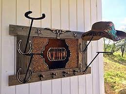 Amazon Com Western Decor Personalized Cowboy Hat Holder Coat Rack Reclaimed Wood Longhorn Horseshoes Horseshoe Crafts Projects Western Decor Cowboy Hat Rack