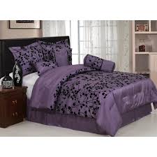 Black Bed In A Bag Queen 7 Pieces Purple With Black Velvet Floral Flocking Comforter 92 X90 In Inch Set Bed In A Bag Queen Size Purple Bedding Purple Comforter Purple Bedroom Decor