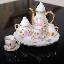 1set Dollhouse Miniature Furniture Toys Accessories Classic Chinoiserie Mini Delicate Tea Cup Saucer Sets Tea Pots Vintage Porcelain Tea Set Miniature Tea Set