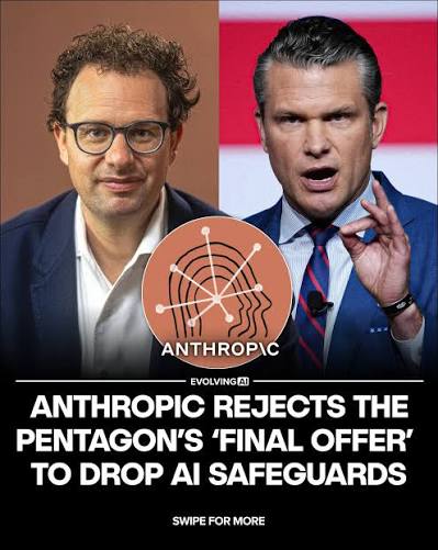 🚨 BREAKING: Anthropic has rejected the Pentagon's final offer to remove safeguards from its AI model Claude, escalating a long standoff between the company and the U.S. Department of Defense over how