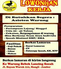 Loker 2021 daerah kalibaru banyuwangi. Lowongan Kerja Asisten Warung Bebek Lancing Socah Mangli Loker Sekitarku