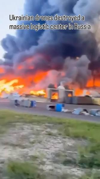 Visuals show flames and thick smoke engulfing a logistics centre in western Russia after Ukrainian drone strike #Russia #Fire #DrineStrike #Ukraine #LogisticsCentre