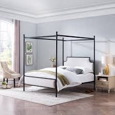 67.5 lbs headboard & footboard packaging dimensions & weight: Asa Queen Size Iron Canopy Bed Frame With Upholstered Studded Headboard Gray And Flat Black Walmart Com Iron Canopy Bed Queen Canopy Bed Canopy Bed Frame