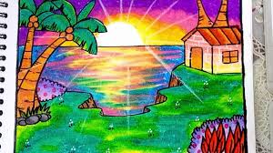 Pemandangan Sunset Cara Mudah Menggambar Dan Mewarnai Dengan Gradasi Warna Oil Pastel Youtube Painting Abstrak Pastel