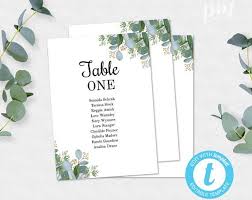 Greenery Seating Chart Template Wedding Table Cards