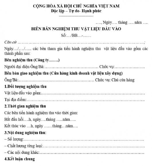 Mẫu biên bản và hồ sơ nghiệm thu vật liệu đầu vào, do AI tạo