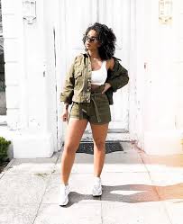 Women S White Crop Top With Olive Green Jacket And Shorts Women S Fashion Summer Style How To Style Street Style Fashion Inspo Outfits Fashion How To Wear