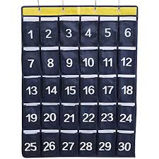 Easepres Numbered Classroom Pocket Chart Sundries Closet For Cell Phones And Calculator Holder Hanging Organizer With 4 Metal Hooks 30 Pockets Blue