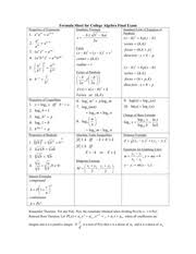 Formula Sheet For Intermediate Algebra Final Exam Formula