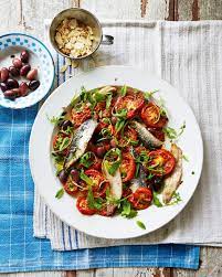 Roasted Tomato And Sardine Salad Recipe Delicious Magazine Recipe Sardine Salad Sardine Recipes Herring Recipes