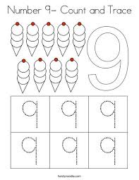Number 9 Count And Trace Coloring Page Twisty Noodle Preschool Number Worksheets Numbers Preschool Preschool Tracing