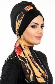 Aise Tesettur Siyah Gold Cicek Desenli Sal Bone 1 Moda Stilleri Sal Guzel Turban