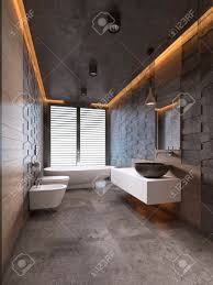 Contemporary Bathroom In Dark Tones With Ceiling Lighting 3d Stock Photo Picture And Royalty Free Image Image 113305103