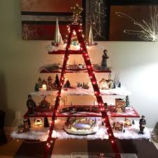 Christmas Village Displayed On A Red Ladder With Lights Basteln