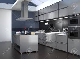 Diseño interior de la cocina moderna con los muebles blancos y los detalles. Interior De La Cocina Moderna Con Electrodomesticos Inteligentes En La Coordinacion De Color Plata Representacion 3d De La Imagen Fotos Retratos Imagenes Y Fotografia De Archivo Libres De Derecho Image 56725438