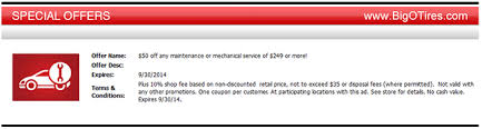 Big O Tires 50 Off Any Maintenance Coupon September 2014 Oil Change Maintenance Coupons