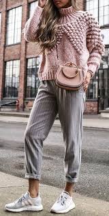 Available at rei, 100% satisfaction guaranteed. Spring Outfits Woman Wearing Pink Sweater Sling Bag Gray Pants And Pair Of Gray Adidas Sneakers Pi Casual Outfit Inspiration Fashion Winter Fashion Casual