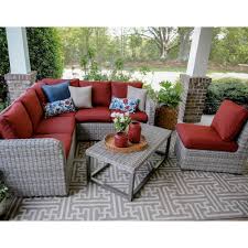 Leisure Made Forsyth 5 Piece Wicker Outdoor Sectional Set With Red Cushions 299231 Red The Home Depot Wicker Outdoor Sectional Patio Furniture Sets Outdoor Sectional Sofa