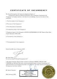 Certificate Of Incumbency Social Enterprise Certificate Registered Agent