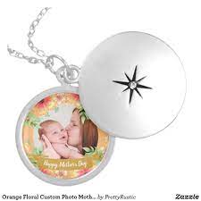 Orange Floral Custom Photo Mother S Day Locket Necklace For Mother S Day Or Customise With Own Mess Silver Plated Pendant Locket Necklace Silver Spoon Jewelry