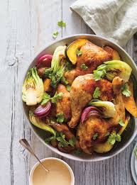 Poulet Et Bok Choy Rotis Sauce A L Ail Confit Ricardo Recipe Food Meat Recipes Chicken Dishes
