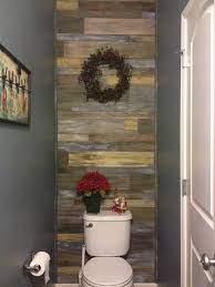Faux Barnwood Accent Wall In Powder Room Bathroom Bought Different Width Poplar 36 Board Bathroom Accent Wall Accent Wall Paint Bathroom Paint Color Schemes