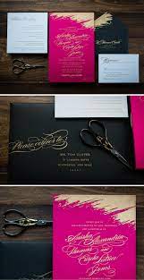 Fuchsia Satin Fabric Wedding Invitation With Gold Brush Stroke Design By Penn Paper Fuchsia Wedding Invitations Hot Pink Wedding Invitations Pink Invitations