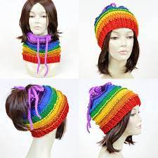 Rainbow Ponytail Hat Rainbow Hole Hat Rainbow Hat Scarf Etsy Ponytail Hat Pattern Rainbow Hat Knitted Hats