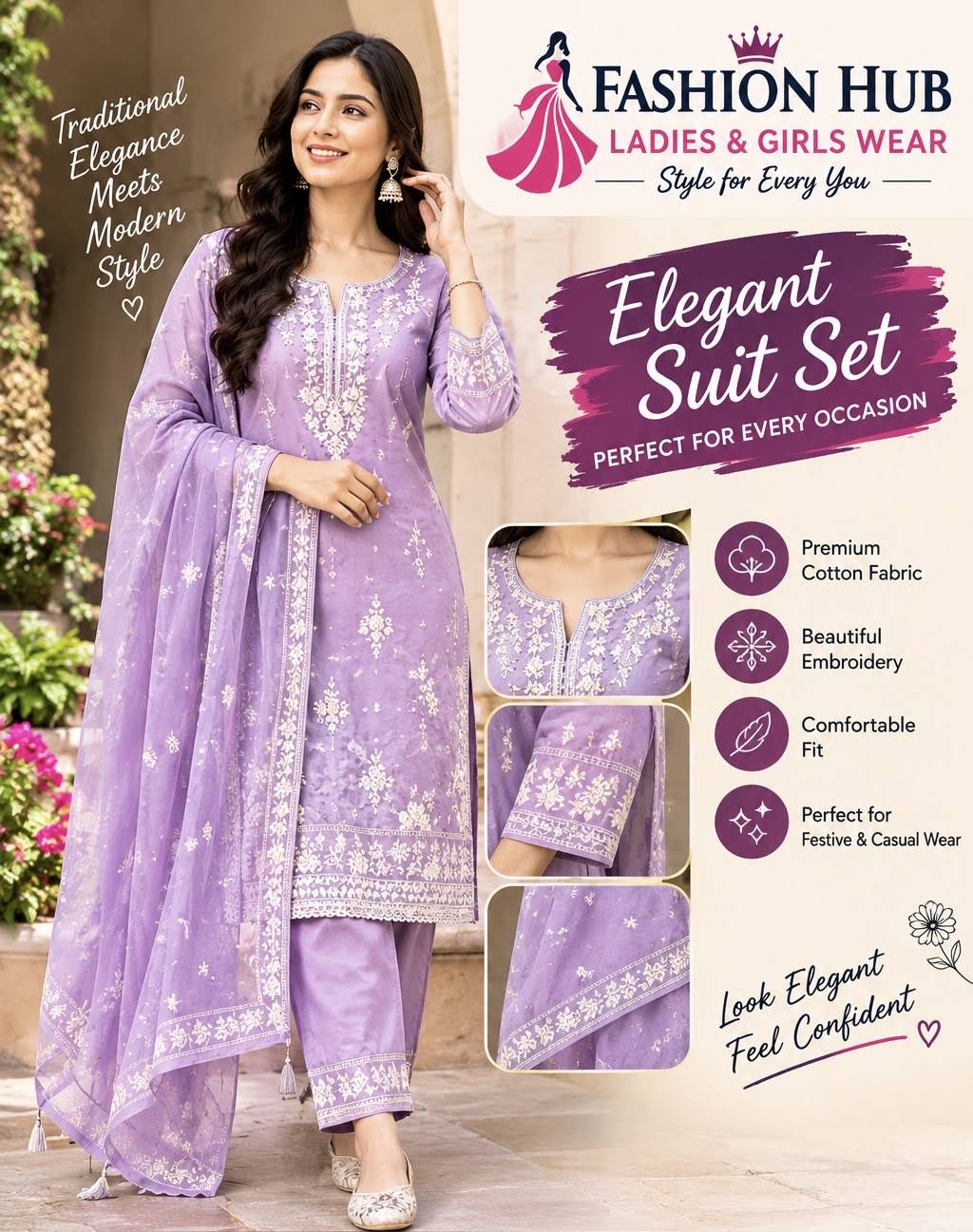 Lavender Embroidered Cotton Suit Set product image