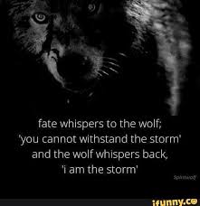 Find this pin and more on quotes by kayla marie. Fate Whispers To The Wolf You Cannot Withstand The Storm And The Wolf Whispers Back Ifunny Wolf Quotes Warrior Quotes Me Quotes