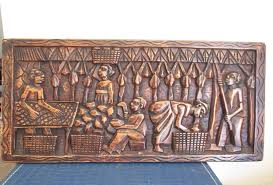 Vintage African Tribal Relief Carved Wood Panel Wall Art Story Board Carving Carved Wood Wall Art Wood Panel Walls Wood Paneling