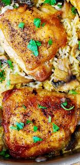 One Pan Chicken Thighs With Mushroom Rice Pan Chicken Thighs Chicken Thigh Recipes Poultry Recipes