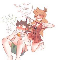 animal ears brown hair cow bell collar cowbell crossover dark  brown hair edd (eddsworld) eddsworld hair ornament petplay precum red hair  ornament red lingerie rule 63 text tori (eddsworld)