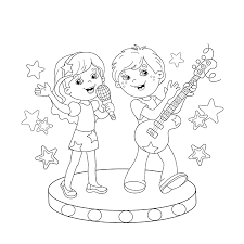 Dibujos con circunferencias para colorear. Pagina Para Colorear Esquema De Dibujos Animados Ninos Y Ninas A Cantar Una Cancion Con Una Guitarra En El Escenario Libro De Colorear Para Ninos Ilustraciones Vectoriales Clip Art Vectorizado Libre De