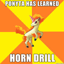 His charizard refused to obey him, forfeiting after dodging a horn drill from blaine's rhydon. Pokelogic How Ponyta Uses Horn Drill Without A Horn Pokemon Memes Pokemon Memes