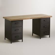 The work surface is positioned at a comfortable height for writing and working while standing. Natural Wood And Metal Drawer Colton Mix Match Desk Natural Wood Desk Desk With Drawers Home Office Furniture