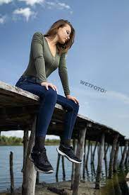 Women's totally shaping bootcut jeans. Cool Wetlook On Public Beach With Beautiful Girl In Skinny Jeans And Sneakers Wetfoto Com
