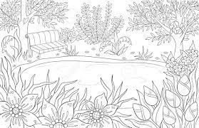 Coloring can be soothing and meditative, a true form of art. Coloring Page For Adult And Kids Coloring Book Or Bullet Journal Summer Landscape With Bench Tees Leaves Flowers And Lake Black And White Scenery Vector Background Stock Photo Picture And Royalty Free