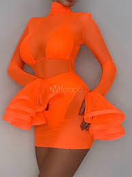 What to wear with a satin bodycon dress? Womens Bodycon Dresses Orange Long Sleeves High Collar Sheer Bodycon Dress Sexy Sheath Dress Milanoo Com