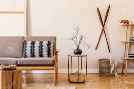 Mesmerize your guests with this chic and trendy curvy designer solid wood sofa set. Interior Design Of Living Room With Stylish Brown Wooden Sofa Stock Photo Picture And Royalty Free Image Image 154408586