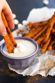 Cinnamon Sugar Sweet Potato Fries With Toasted Marshmallow Sauce Recipe Sweet Potato Cinnamon Sweet Potato Fries Cinnamon Sweet Potato Fries